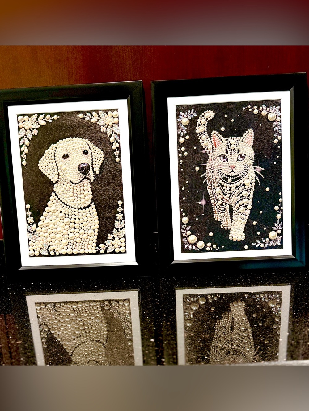 Framed Pearl Cat Wall Art | Crystal Embellished Mixed Media | 18” x 14” - Picture 10 of 10